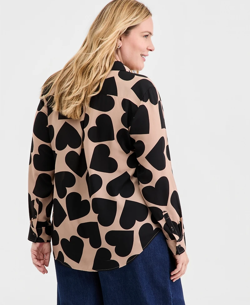 On 34th Trendy Plus Size Giant Heart Print Button-Front Crepe Shirt, Macy's Exclusive