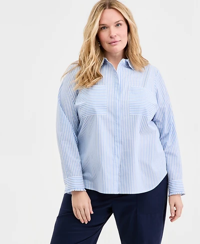 On 34th Trendy Plus Jenna Stripe Ruffle Trim Button-Front Shirt, Macy's Exclusive