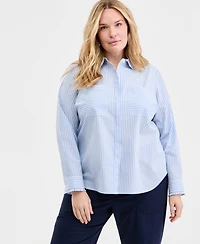 On 34th Trendy Plus Jenna Stripe Ruffle Trim Button-Front Shirt, Macy's Exclusive