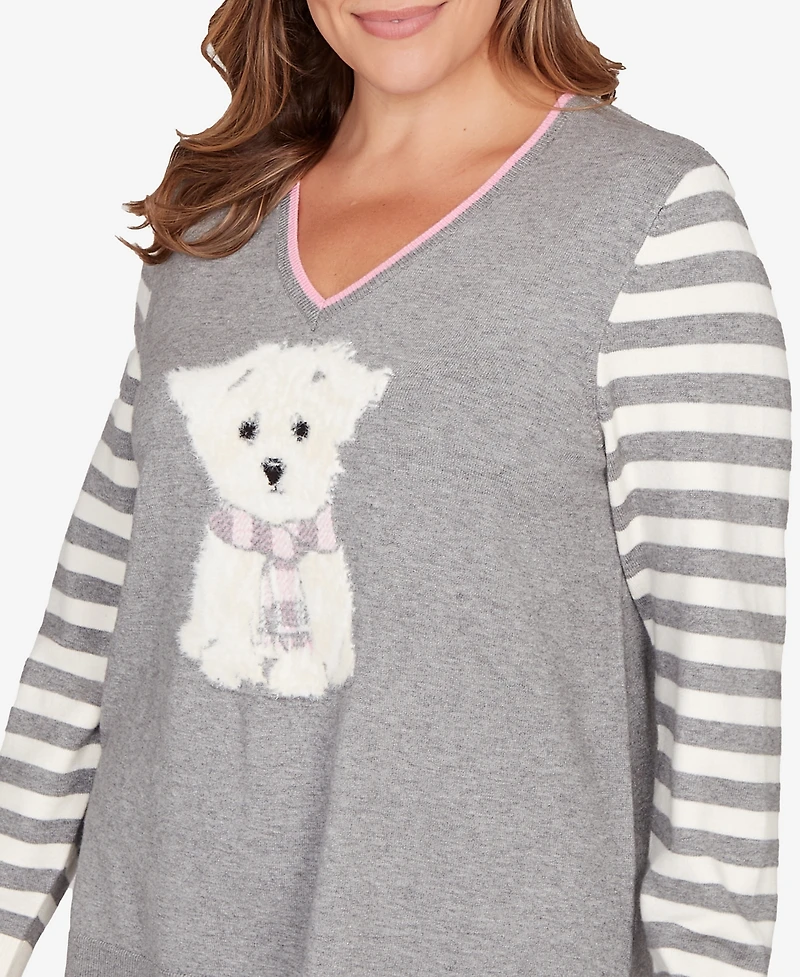 Ruby Rd. Plus Maltese Puppy Striped Sleeve Sweater
