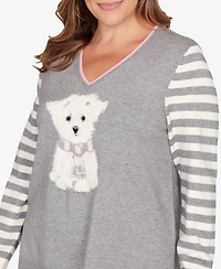 Ruby Rd. Plus Maltese Puppy Striped Sleeve Sweater