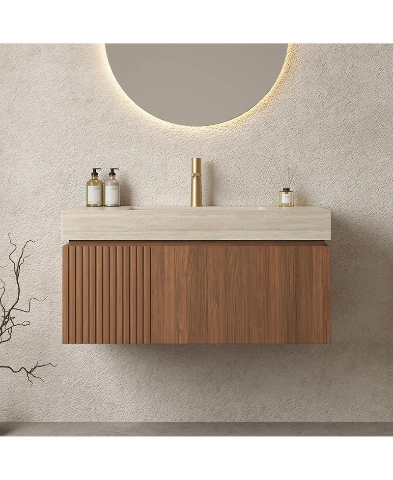 Streamdale Roma Travertine Sintered Stone Vanity with Ceramic Basin & Oak Drawer