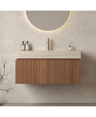 Streamdale Roma Travertine Sintered Stone Vanity with Ceramic Basin & Oak Drawer