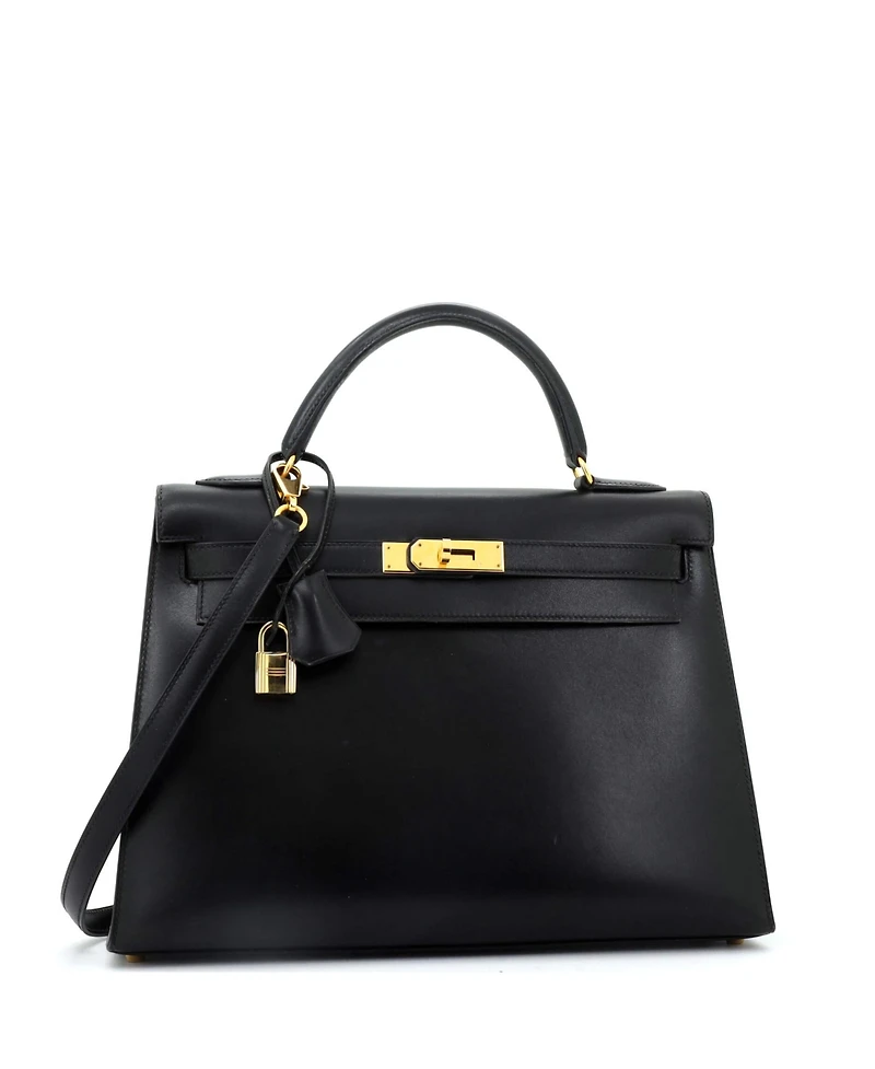 Pre-Owned Hermes Kelly 32 Handbag Black Box Calf with Gold Hardware
