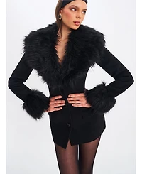 Miss Circle Women Hailee Black Single Breasted Wool Blend Mini Coat with Removable Fur Lapel