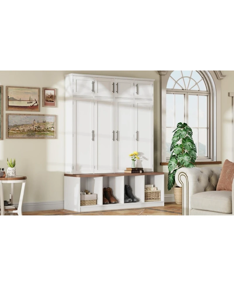 Streamdale Farmhouse Hall Tree Bench, Hidden Hooks, Shoe Cabinet - White