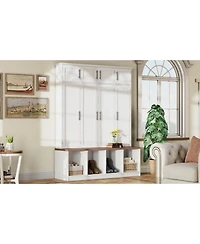 Streamdale Farmhouse Hall Tree Bench, Hidden Hooks, Shoe Cabinet - White