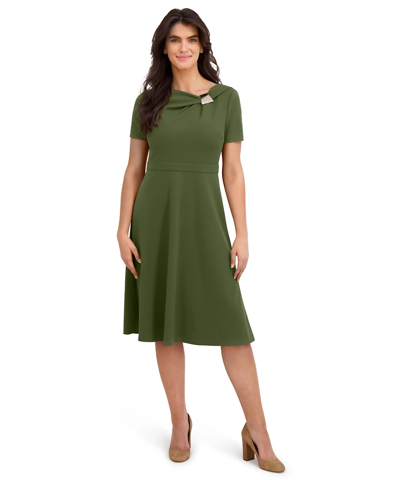 London Times Women's One-Shoulder Midi Fit and Flare Dress