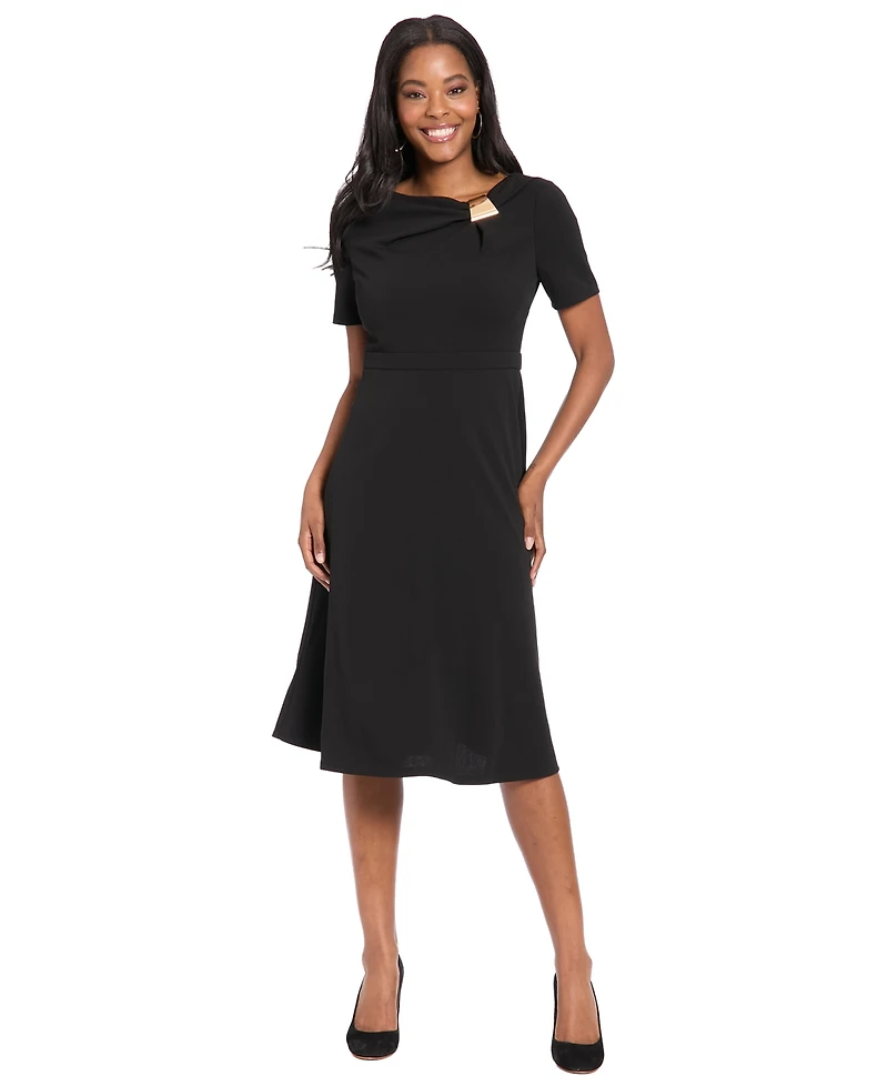 London Times Women's One-Shoulder Midi Fit and Flare Dress