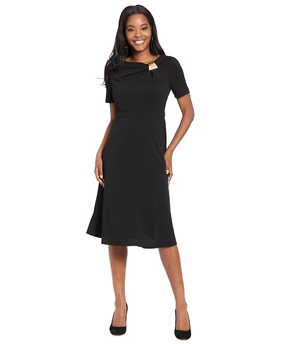 London Times Women's One-Shoulder Midi Fit and Flare Dress