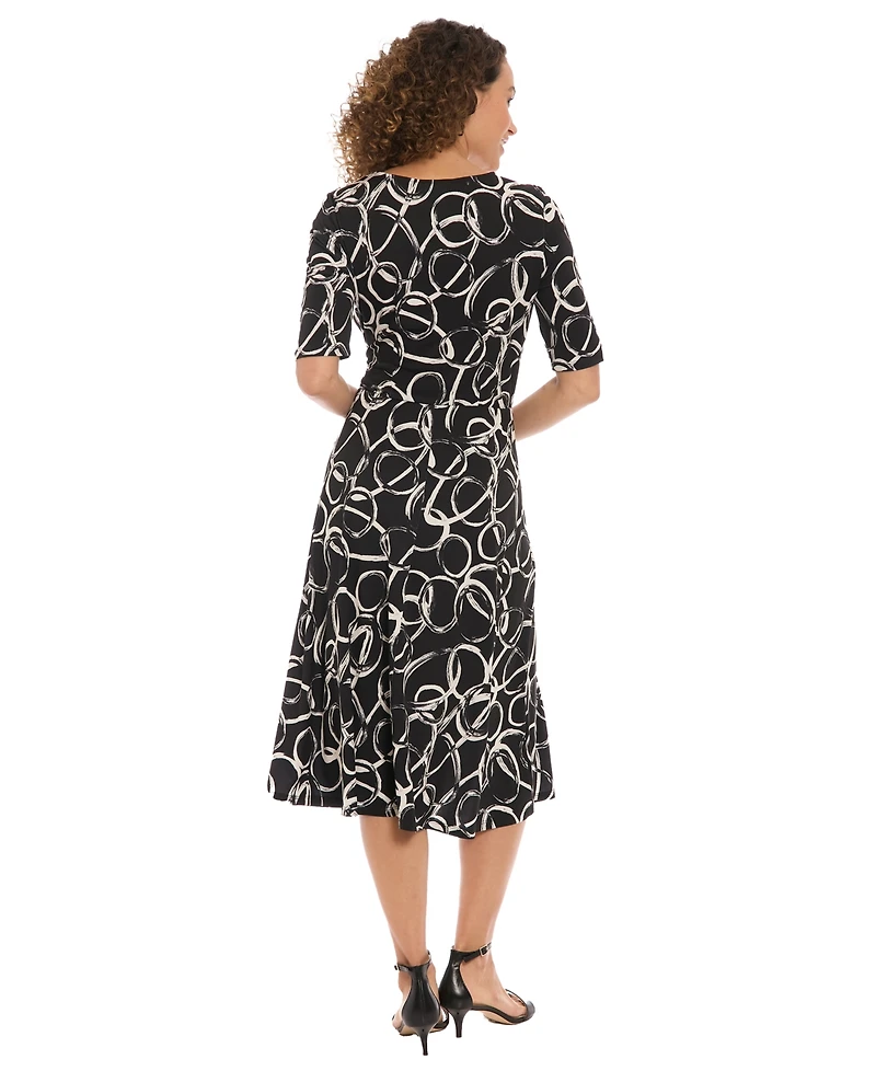 London Times Women's Printed Fit and Flare Pull-On Midi Dress