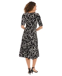 London Times Women's Printed Fit and Flare Pull-On Midi Dress