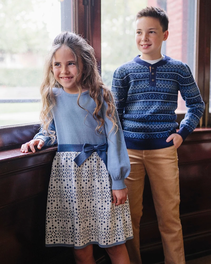 Hope & Henry Big Girls' Organic Long Sleeve Skater Sweater Dress with Bow