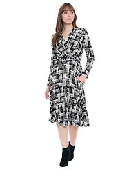 London Times Women's Printed Long-Sleeve Midi Dress