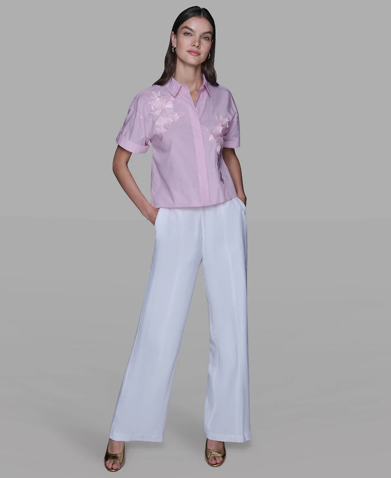 Karl Lagerfeld Paris Women's Striped Floral Detail Top