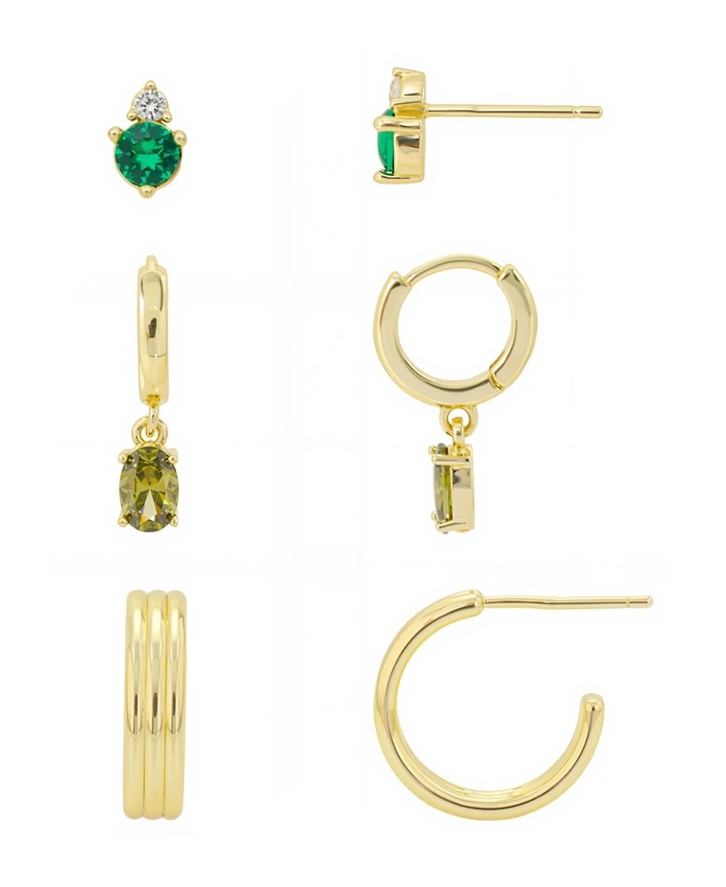 Unwritten Clear With Emerald Cubic Zirconia, Peridot Cubic Zirconia Andless Hoop Plain Post Hoop 3Pair Ear Set