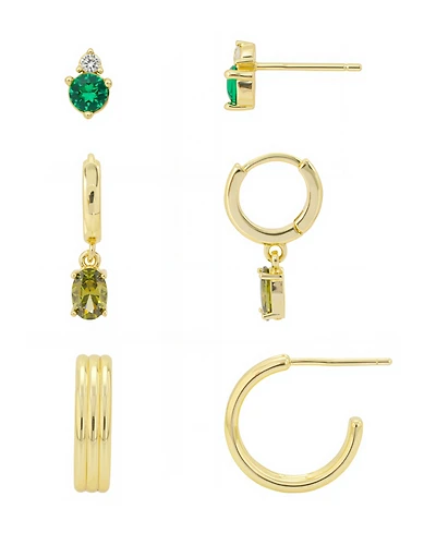 Unwritten Clear With Emerald Cubic Zirconia, Peridot Cubic Zirconia Andless Hoop Plain Post Hoop 3Pair Ear Set