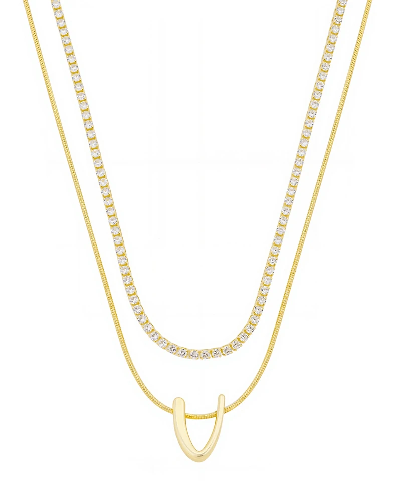 Unwritten Letter "V" Initial Snake Chain Cubic Zirconia Chain Necklace With Extender 2Pcs Set