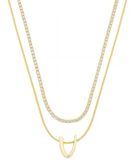 Unwritten Letter "V" Initial Snake Chain Cubic Zirconia Chain Necklace With Extender 2Pcs Set