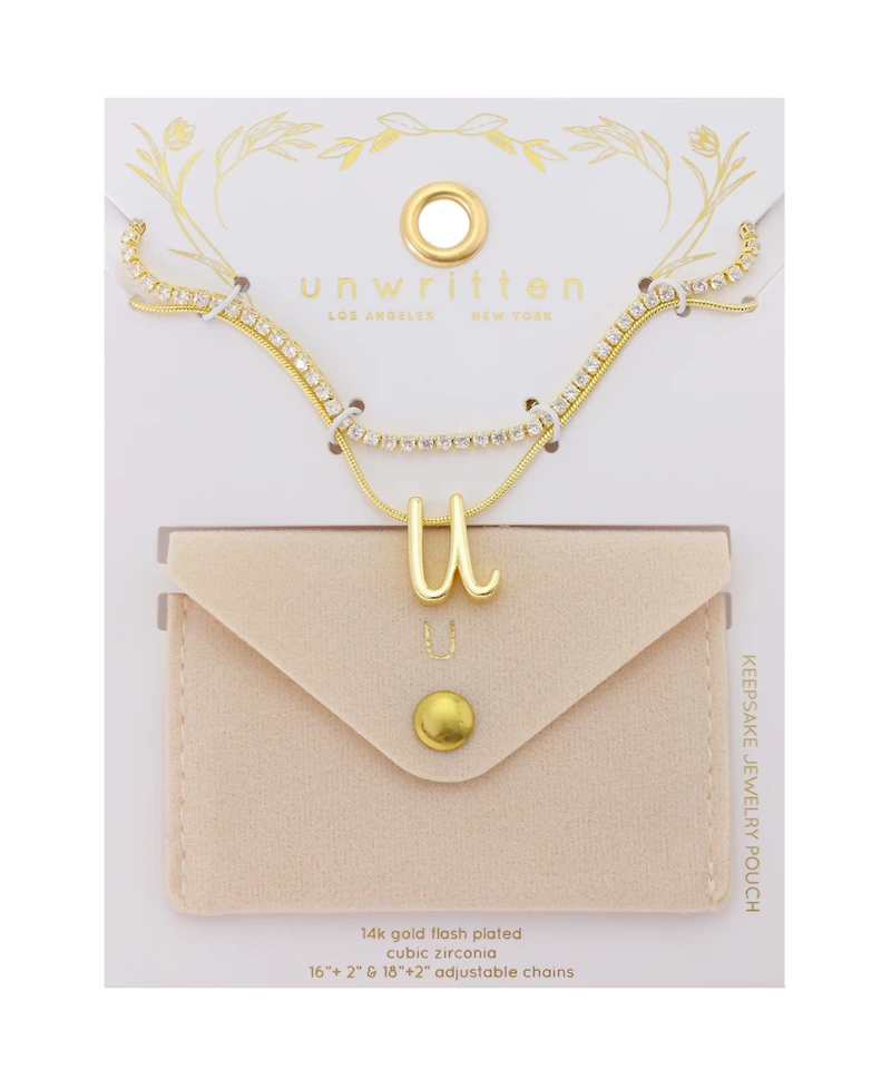 Unwritten Letter "U" Initial Snake Chain Cubic Zirconia Chain Necklace With Extender 2Pcs Set
