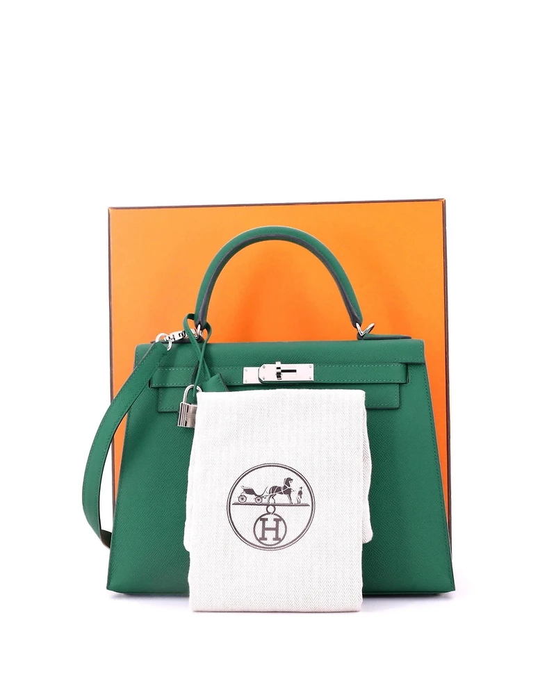 Pre-Owned Hermes Kelly 28 Handbag Green Epsom with Palladium Hardware