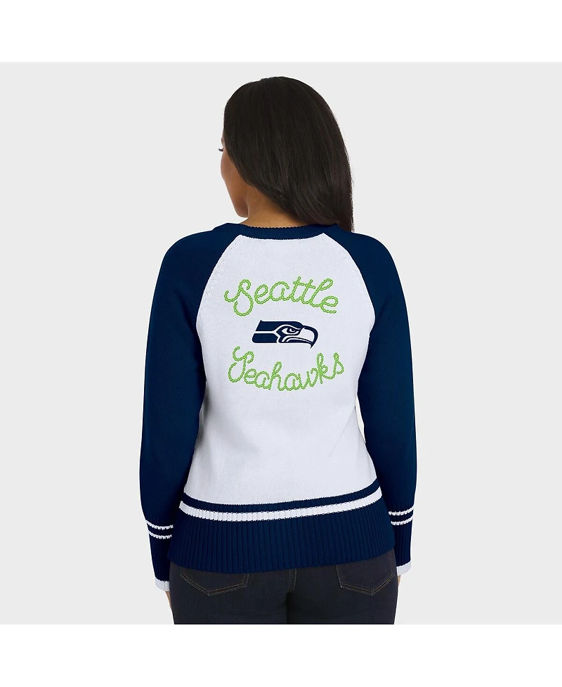 Wear by Erin Andrews Women's White/College Navy Seattle Seahawks Color Block Raglan Sweater