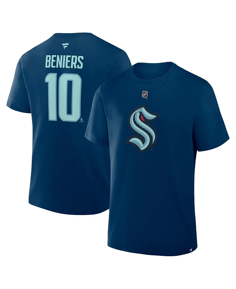 Fanatics Men's Matty Beniers Deep Sea Blue Seattle Kraken Authentic Stack Name Number T-Shirt