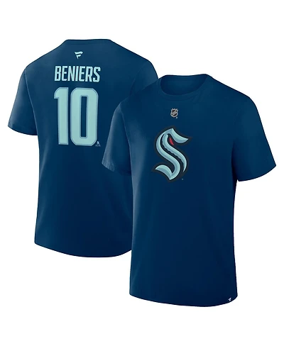 Fanatics Men's Matty Beniers Deep Sea Blue Seattle Kraken Authentic Stack Name Number T-Shirt