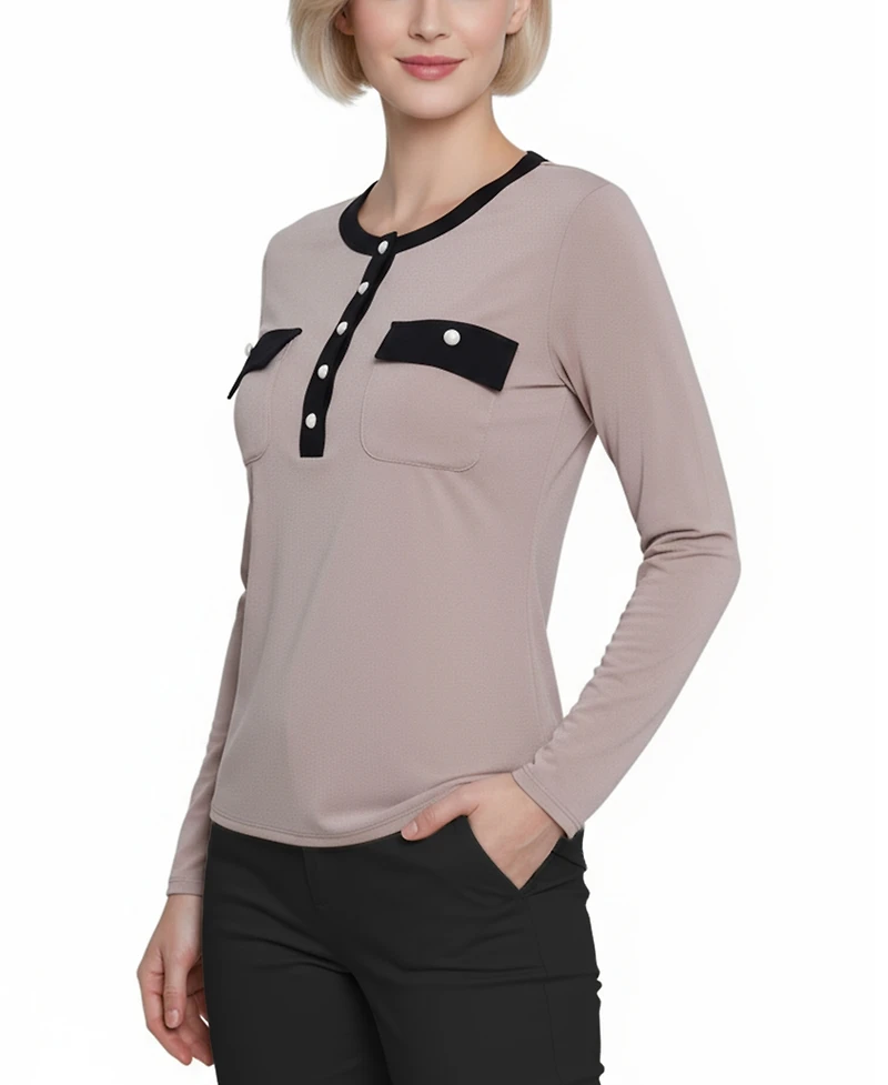 Ny Collection Petite Long Sleeve Contrast Detail Top