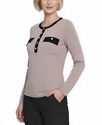 Ny Collection Petite Long Sleeve Contrast Detail Top