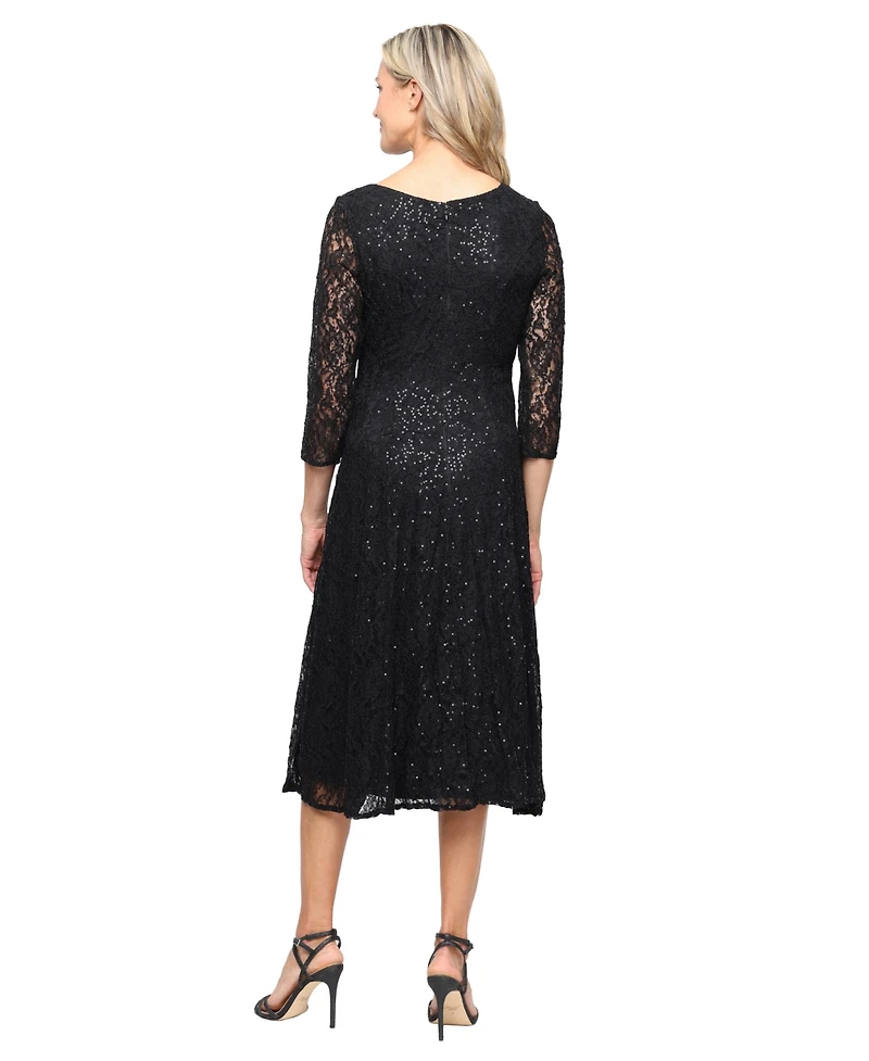 Sl Fashions Women's Sweetheart Neck Tea Length Sequin Lace Dress