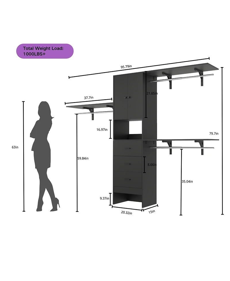Aheaplus 96'' Closet Organizer System with 3 Wood Drawers, Shelving Towers & Hanging Rods, 8FT Doors