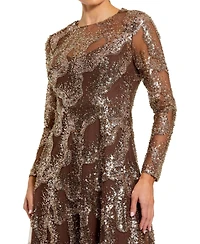 Mac Duggal Women's Embellished Mesh Long Sleeve High Neck Gown