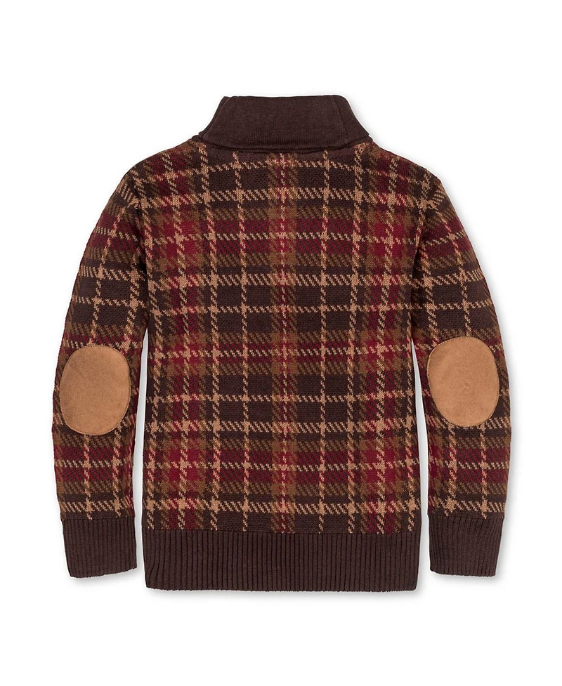 Hope & Henry Little and Big Boys' Organic Long Sleeve Intarsia Shawl Collar Sweater with Elbow Patches