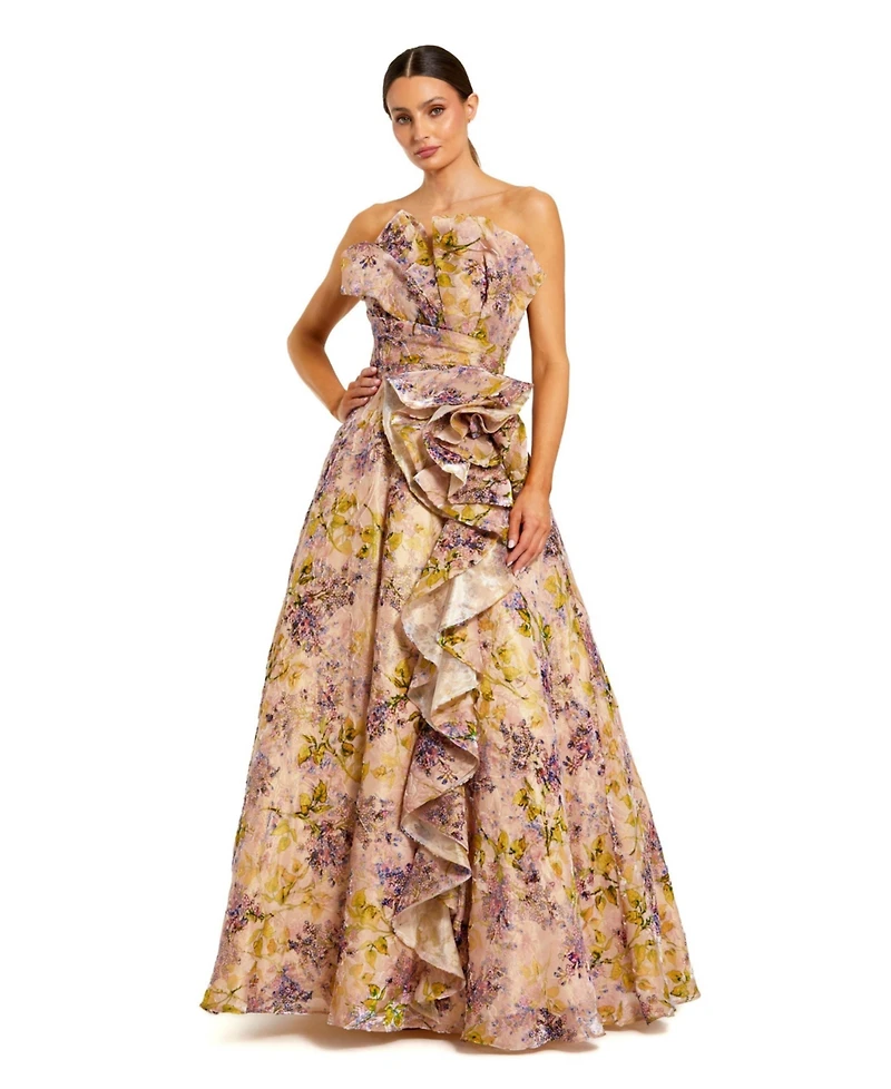 Mac Duggal Women's Strapless Floral Jacquard Formal Evening Gown