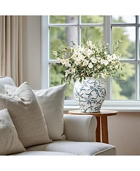 LuxenHome Handmade Blue Floral Wide-Mouth Waterproof Ceramic Vase, 9.25" Round Indoor Home Decor
