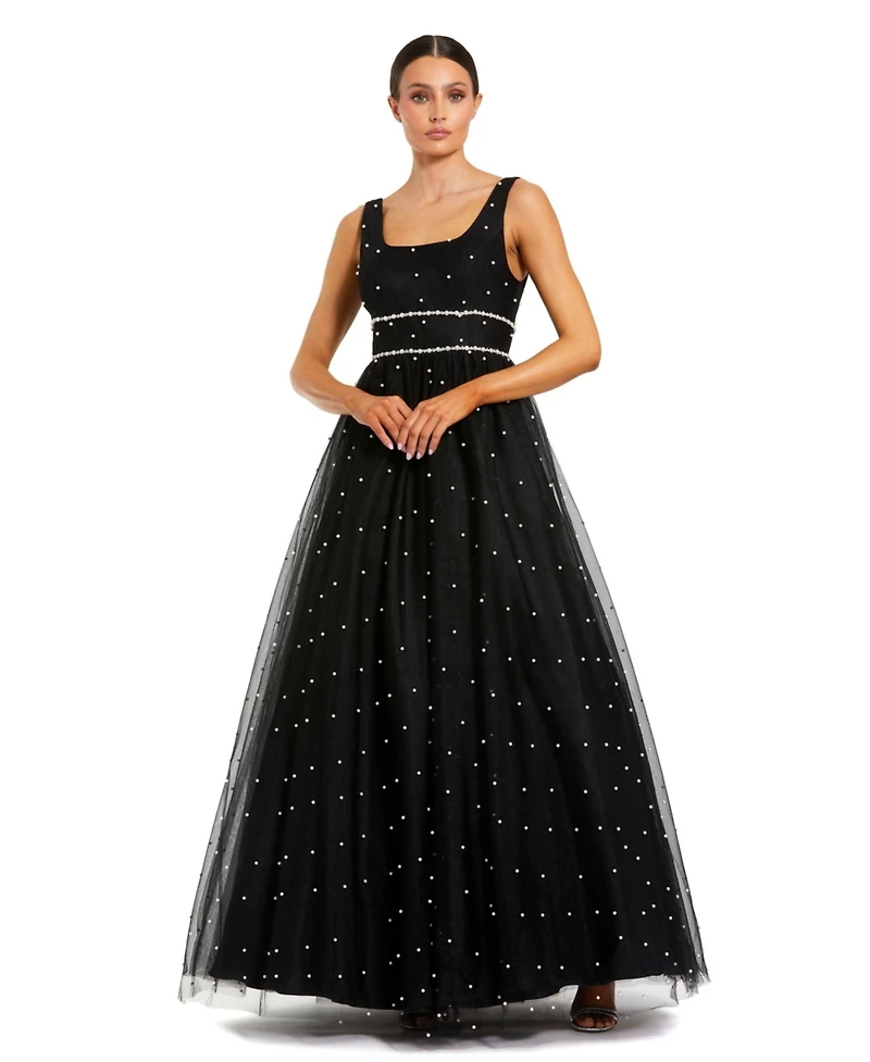 Mac Duggal Women's Pearl Embellished Tulle Sleeveless Ballgown