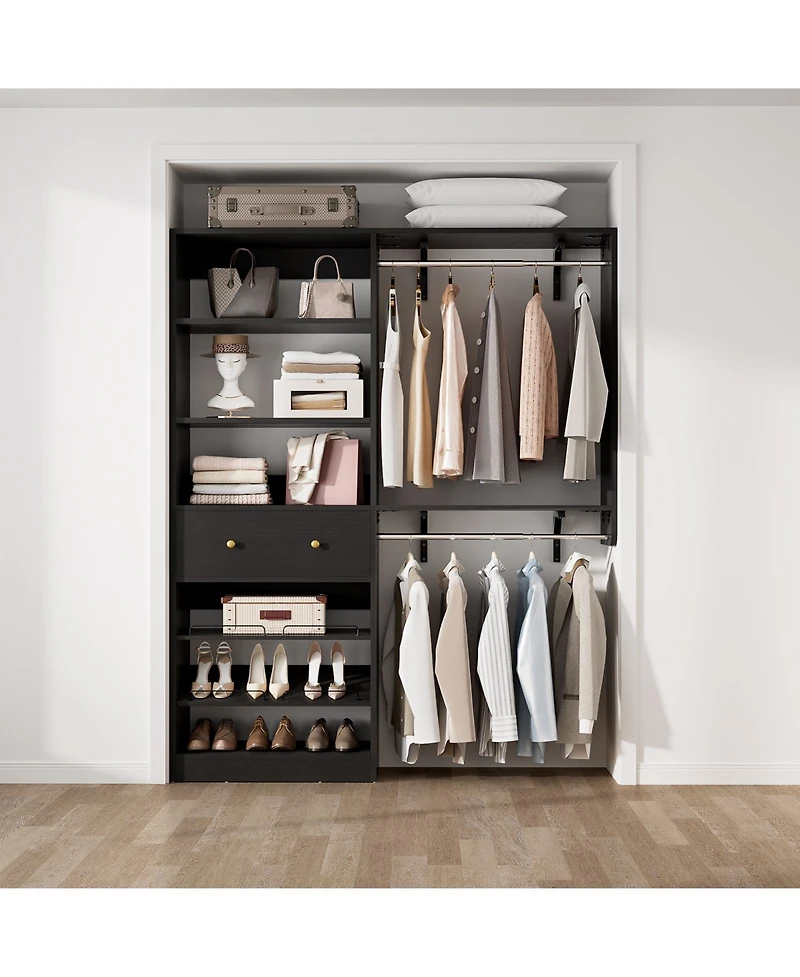 Aheaplus Closet System with Drawer, 5FT Organizer 2 Hanging Rods and Adjustable Shelf, Reversible