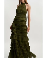 Karen Millen Women's Tulle Layered Halter Neck Maxi Dress