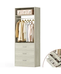 Freestanding 2FT Closet System with 3 Wooden Drawers, 24'' Organizer Hanging Rod & Shelves