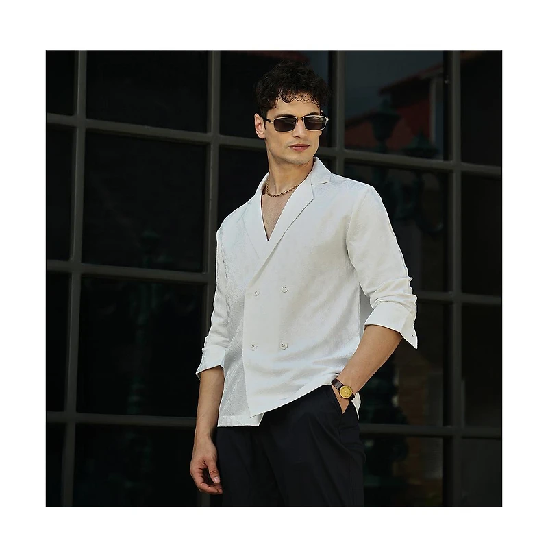 Campus Sutra Men's Daisy White Double-Breasted Moziac Shirt