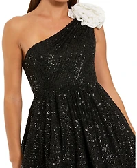 Mac Duggal Women's One Shoulder Sequin Mini Dress With 3D Flower