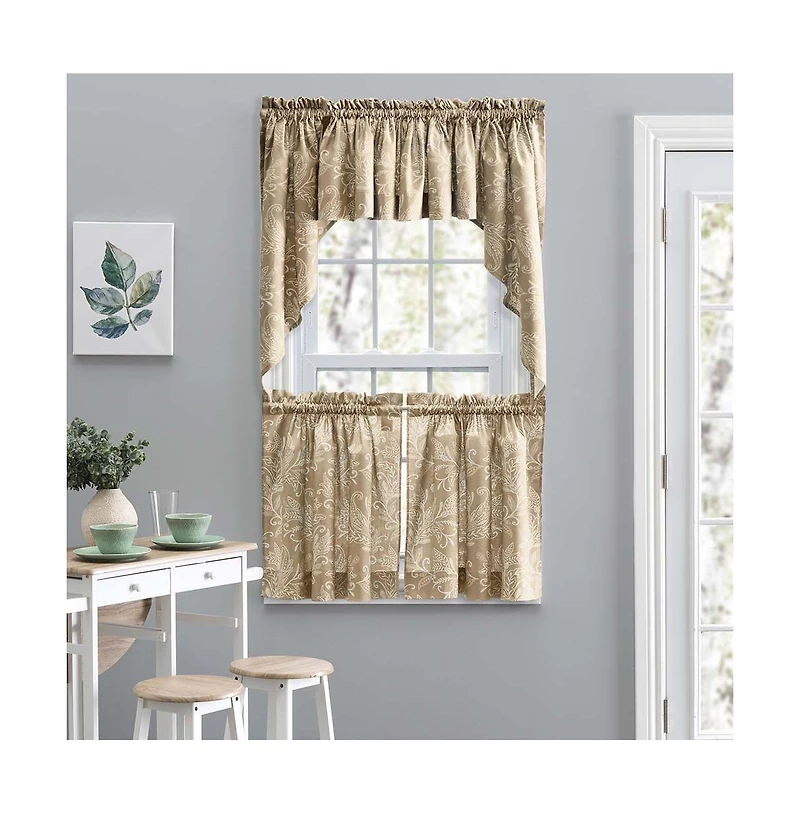 Ellis Curtain Lexington Leaf Pattern on Colored Ground Curtain Tiers 56"x24" Tan
