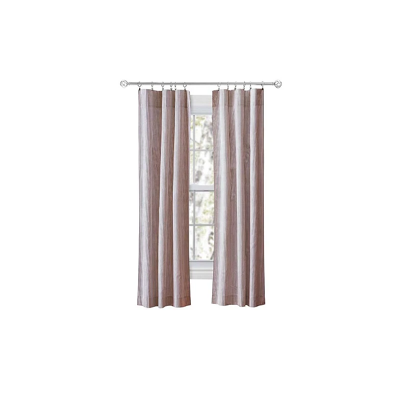 Ellis Curtain Plaza Classic Ticking Stripe Printed on Natural Ground Tailored Panel Pair with Tiebacks 56" x 63" Brick