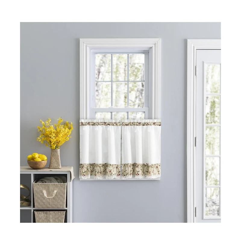 Ellis Curtain Cherries Ruffled 1.5" Rod Pocket Window Curtain Tiers 58"x24" Natural