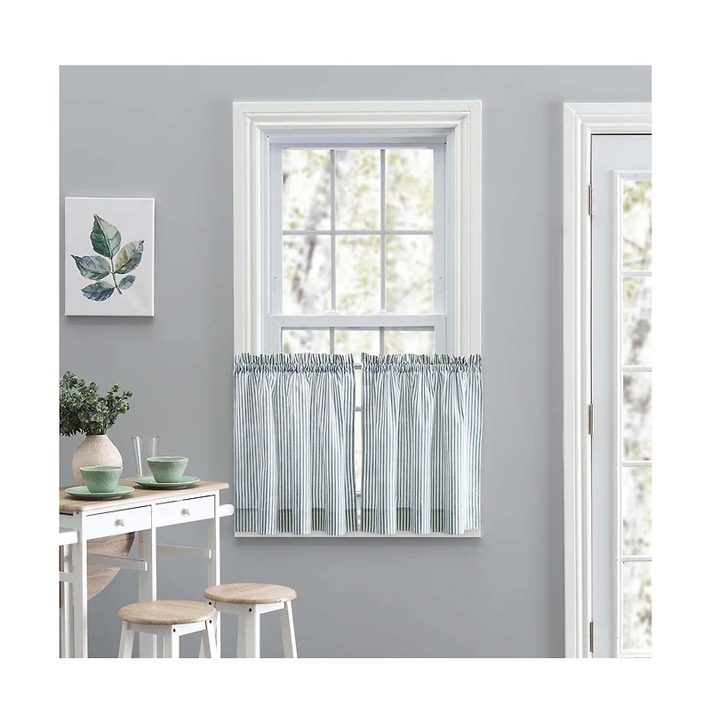 Ellis Curtain Plaza Classic Ticking Stripe Printed on Natural Ground 1.5" Rod Pocket Tailored Tiers 56" x 36" Blue