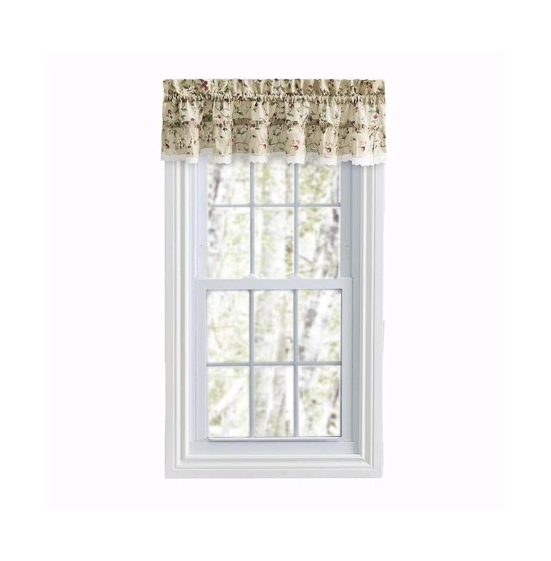 Ellis Curtain Cherries Ruffled 1.5" Rod Pocket Valance for Windows 52" x 12" Natural