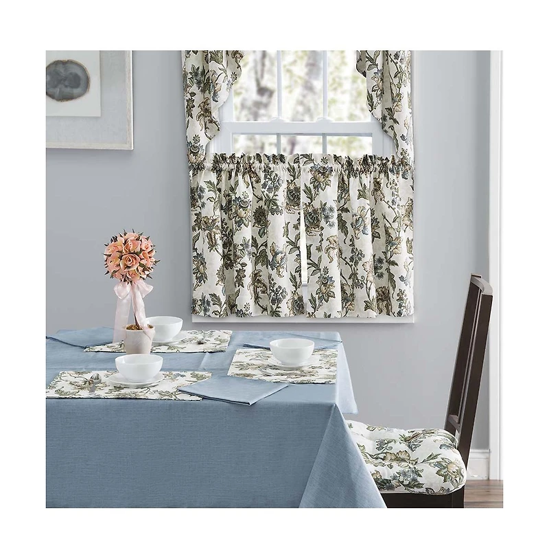 Ellis Curtain Madison Floral Design Printed Natural Ground 1.5" Rod Pocket Tailored Tier 56" x 24" Blue