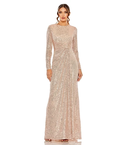 Mac Duggal Women's Sequined Long Sleeve Side Knot Gown