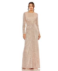 Mac Duggal Women's Sequined Long Sleeve Side Knot Gown